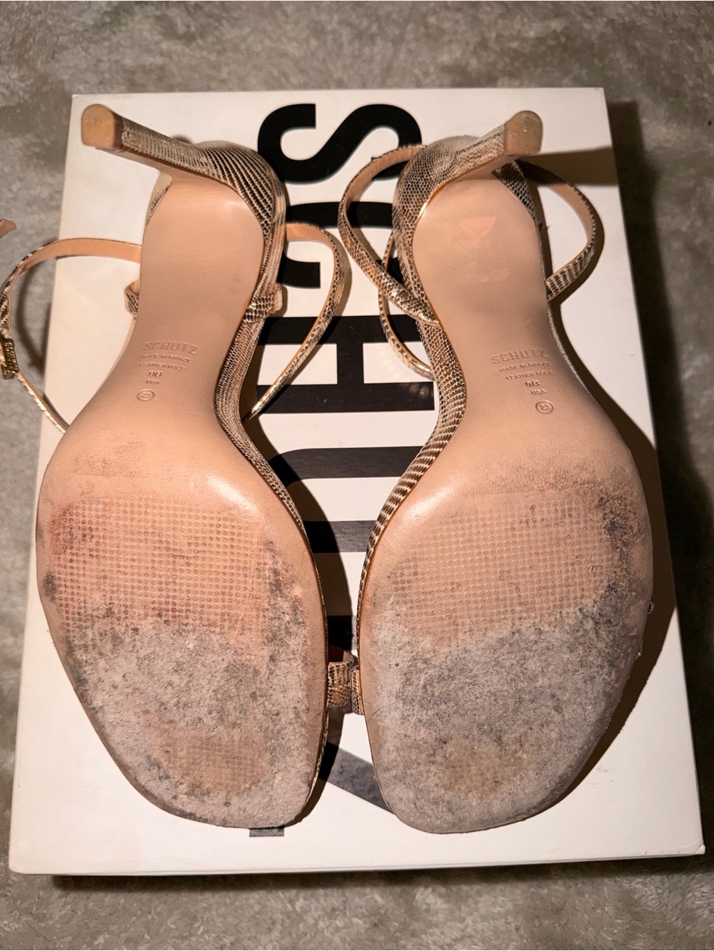 SCHUTZ Metallic Nude Strappy Sandals with Gold Accents - Picture 3 of 3